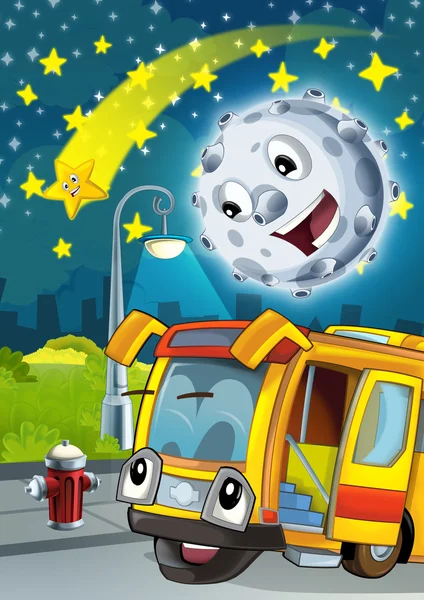 Lua e estrela cadente à noite conversando com ônibus — Fotografia de Stock