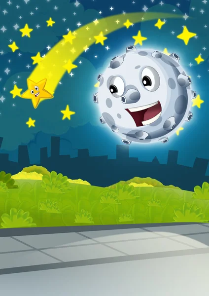 Cartoon scene with happy moon or meteorite and shooting star by night - illustration for children — Stock Photo, Image