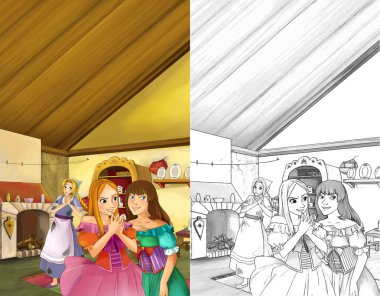 Kız konuşurken ve vintage mutfakta gülüyor