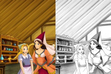 Çizgi film sahne eski geleneksel mutfak