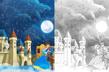 Prens ve Prenses - güzel kale ve sayfa - illüstrasyon çocuklar için boyama ile arka planda - güzel manga kız - atımı ile çizgi film sahne