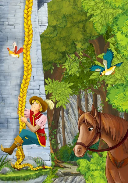 Prince climbing on the tower - his horse is nearby — стоковое фото
