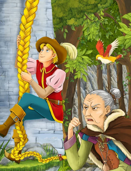 Prinz klettert auf den Turm - wütende Frau schaut zu — Stockfoto