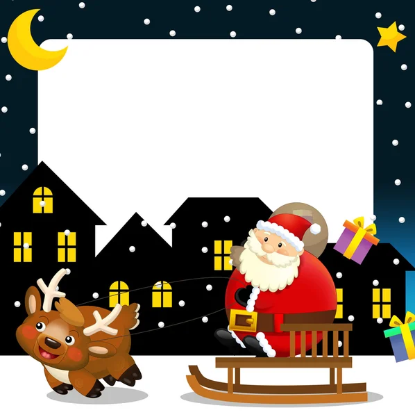 Papai Noel cavalgando pela cidade e deixando presentes — Fotografia de Stock