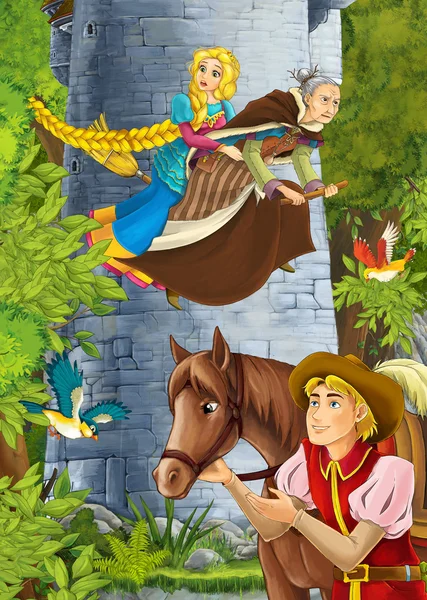 Cartoon scene of a nobleman in the forest - some prince or traveler encountering tower and princess flying on the broomstick with the witch - horse - beautiful manga girl - illustration for children — Stock Photo, Image