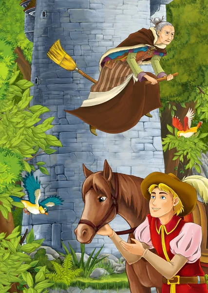 Cartoon scen av en adelsman i skogen - vissa prins eller resenär möter slottets torn och flygande häxa på en kvast - hästen är i närheten - vackra manga tjej - illustration för barn — Stockfoto