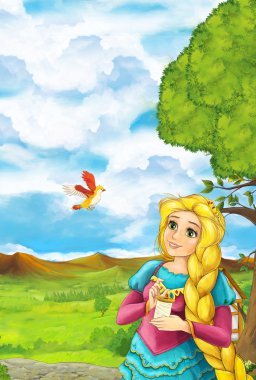 Çocuklar için bazı Bahçe - manga kız - çizimde yürüyen güzel genç kadın ile çizgi film sahne