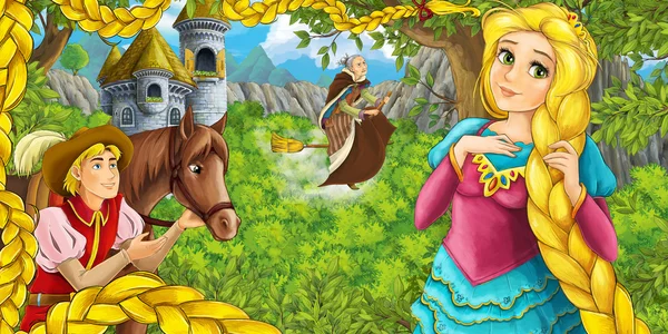 Princezna a princ s koněm v lese — Stock fotografie