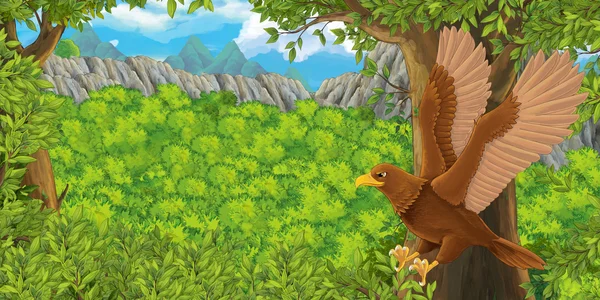 Pássaro dos desenhos animados - águia voando na floresta — Fotografia de Stock