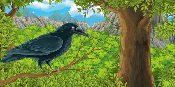 Cartoon bird - crow on the branch in the forest — Stock Photo, Image