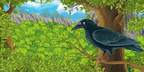 Pássaro dos desenhos animados - corvo no ramo na floresta — Fotografia de Stock