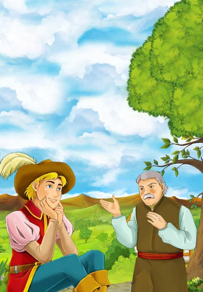 Escena Dibujos Animados Dos Hombres Hablando Cerca Del Prado Ilustración — Foto de Stock