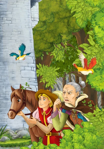 Cartoon scene of a nobleman and witch in the forest — Stock Photo, Image