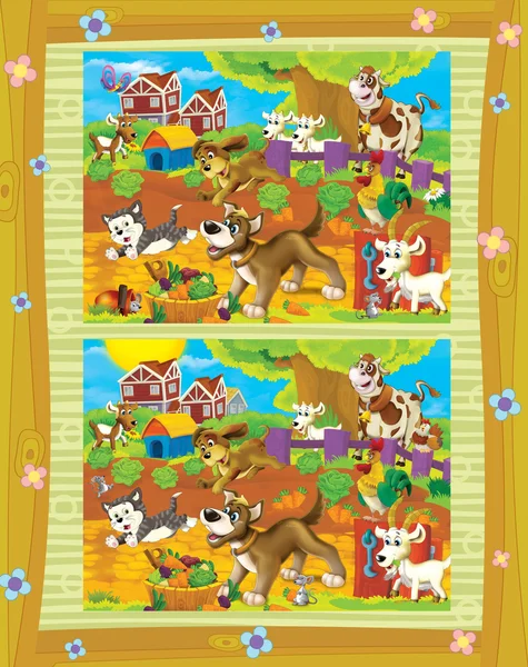 Cartoon page with differences - farm scene - illustration for children