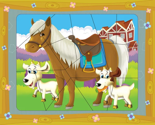 말과 아이 들을 위한 두 염소-퍼즐-일러스트와 만화 그림 — 스톡 사진