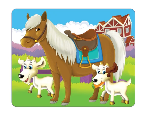 Cartoon afbeelding met paard en twee geiten - geïsoleerd - illustratie voor kinderen — Stockfoto