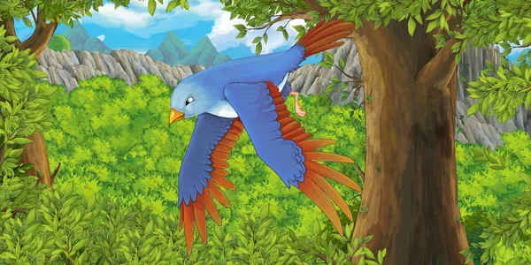 Cartoon vogel met het vliegen in het bos — Stockfoto