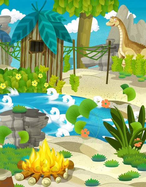 Cartoon nature scene with primitive village — Stock Photo, Image