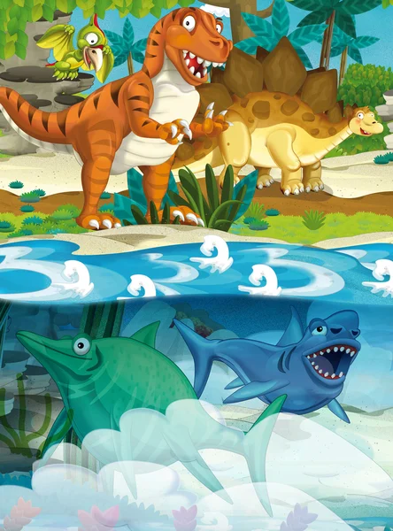Dibujos animados dinosaurio feliz - tiranosaurio y dinosaurio submarino - ilustración para los niños —  Fotos de Stock