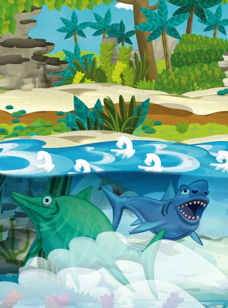 Cartone animato dinosauri subacquei felici — Foto Stock