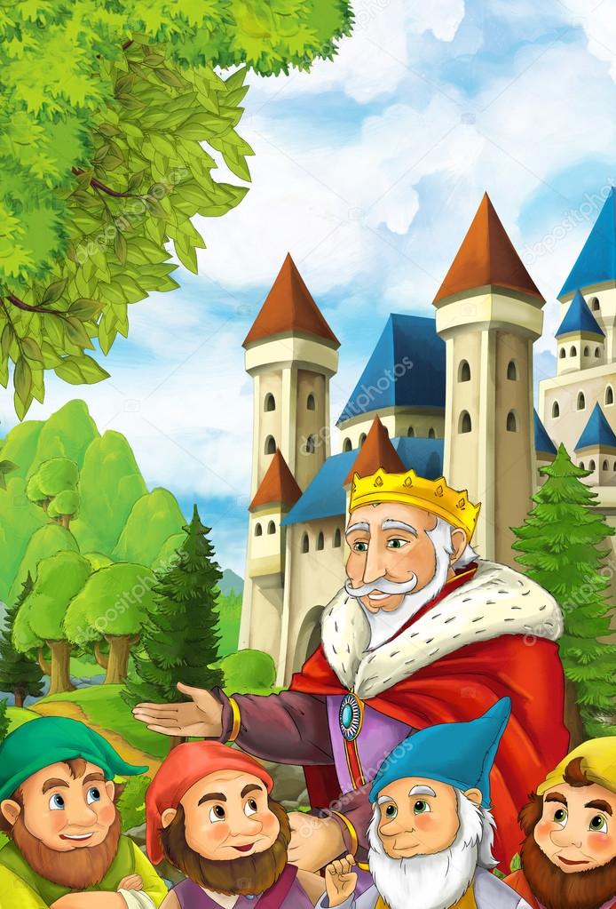 dwarfs near big and colorful castle 