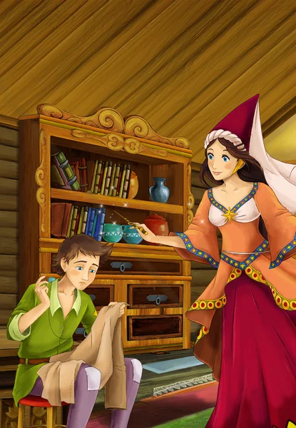 Cartoon-Szene in der alten traditionellen Küche - Junge und Frau reden - schönes Manga-Mädchen - Illustration für Kinder — Stockfoto