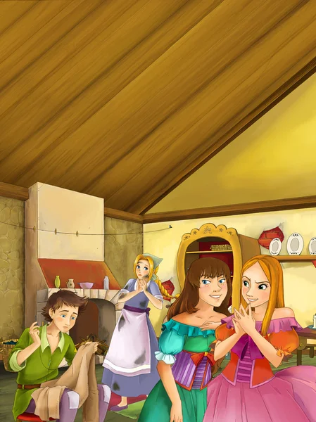 Escena de dibujos animados de dos chicas bien vestidas hablando y riendo en la cocina vintage - la tercera chica está escuchando - el niño está sentado y trabajando cerca y escuchando - ilustración para niños — Foto de Stock
