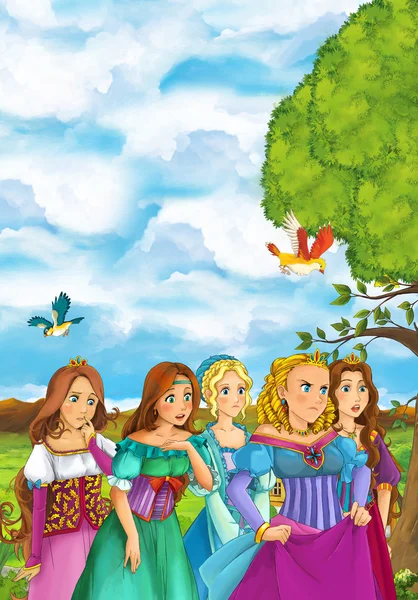 Escena de dibujos animados de muchas chicas jóvenes con ropa tradicional - tiempos medievales - hermosas chicas manga - con página para colorear - ilustración para niños — Foto de Stock