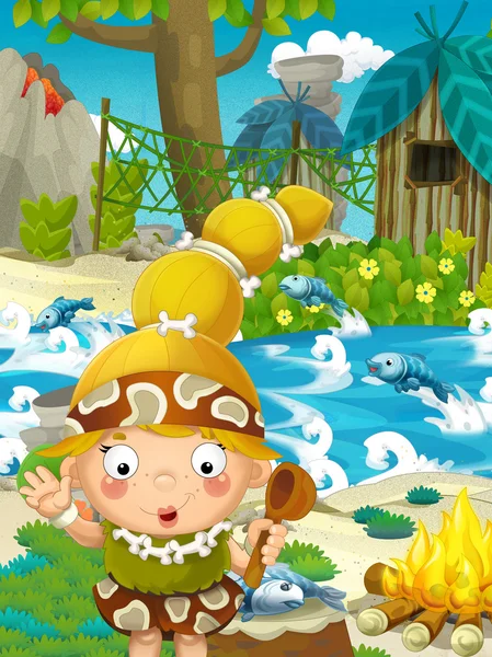 Мультфильм о природе - джунгли - со смешной девочкой манга - счастливая иллюстрация для детей — стоковое фото