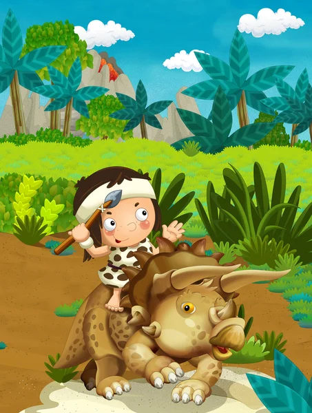 Dessin animé scène de nature avec homme des cavernes - jungle - famille de l'âge de pierre - avec manga garçon drôle - illustration heureuse pour les enfants — Photo