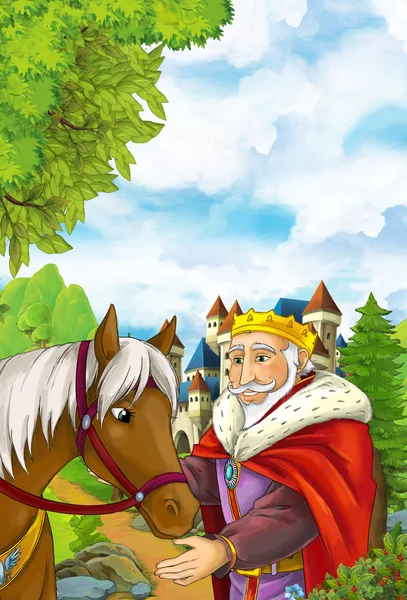 Король и его конь рядом с красочным замком — стоковое фото