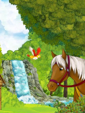 waterfall inside the forest - with horse on the first stage clipart