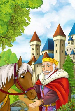 king and his horse near colorful castle clipart