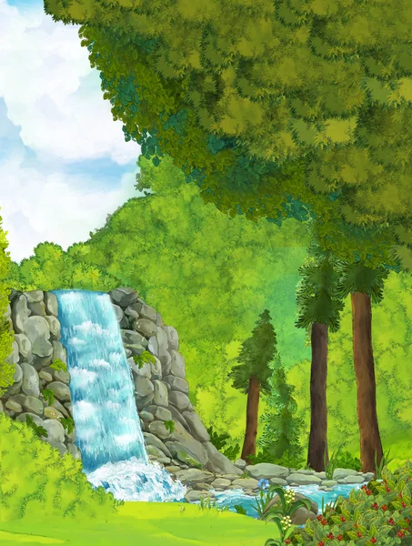 Мультяшна сцена з водоспадом всередині лісу — стокове фото