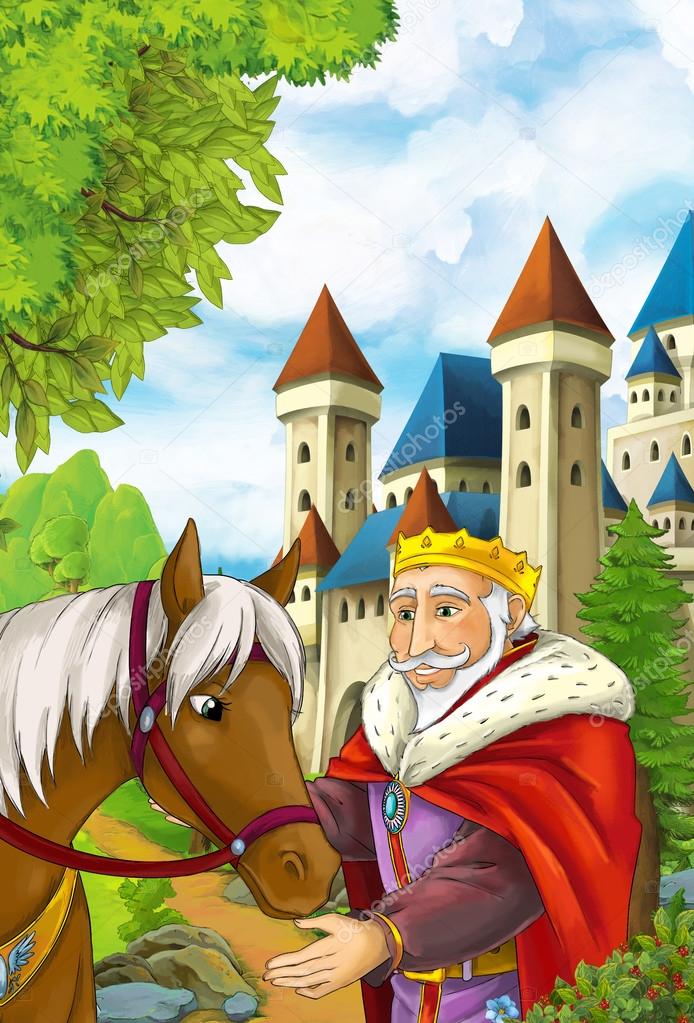 king and his horse near colorful castle