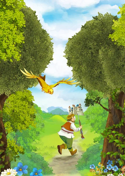 cartoon scene with older man farmer or hunter in the forest encountering pair of owls flying - illustration for children