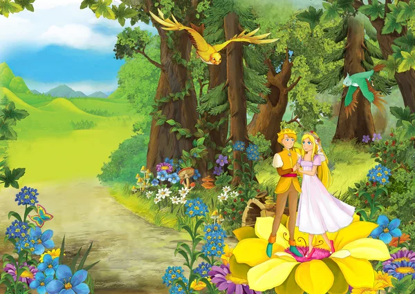 Cena dos desenhos animados com princesa e príncipe na floresta — Fotografia de Stock