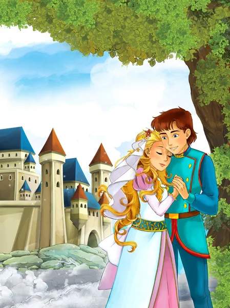 Cute princess and prince in the forest near the castle — Stock Photo, Image