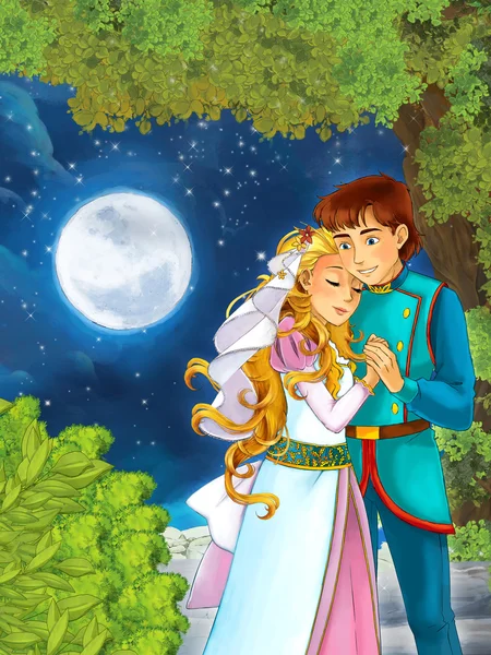 Söt prinsessa och prins i skogen nära slottet — Stockfoto