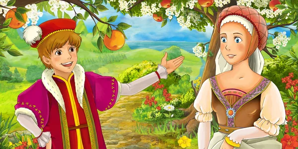Cute royal prince and manga girl on the meadow — Stock Photo, Image