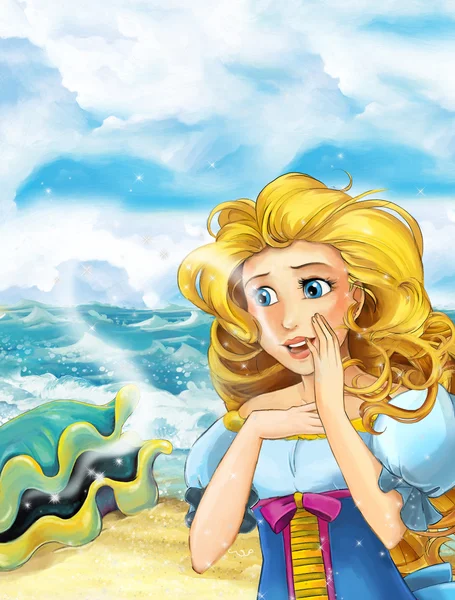 Prinzessin steht am Ufer in der Nähe großer Muschel und magische Dinge geschehen — Stockfoto