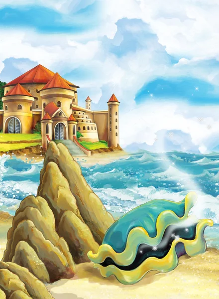 Castle door de oever - grote magische schelp — Stockfoto