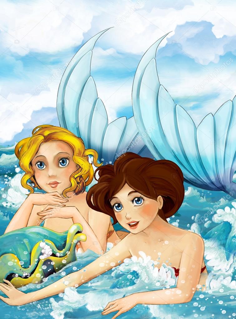 couple of mermaids swimming with big shell