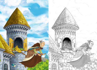 süpürge sopası üzerinde uçan cadı ile sahne