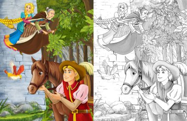 Kule ve cadı süpürgesine üzerinde uçan Prenses karşılaşma Gezgin