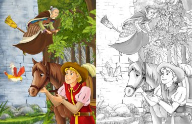 Gezgin karşılaşıyor kale kule ve süpürge sopası üzerinde uçan cadı