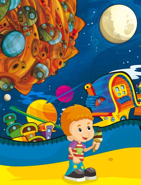 Kreslený scény města Kosmos - cartoon šťastný chlapec - ufo - ilustrace pro děti — Stock fotografie