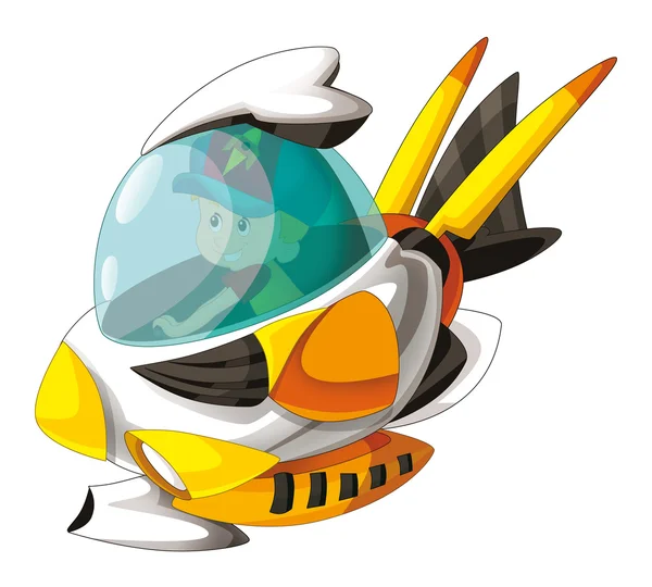 Escena de dibujos animados con niño volando en la nave espacial — Foto de Stock
