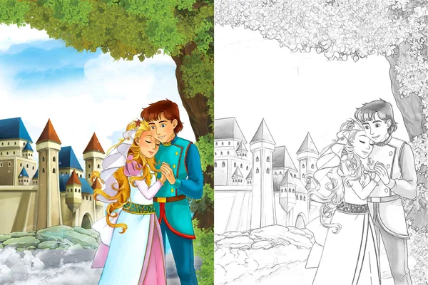 Linda princesa y príncipe en el bosque cerca del castillo — Foto de Stock