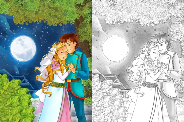 Schattige prinses en Prins in het bos in de buurt van het kasteel — Stockfoto